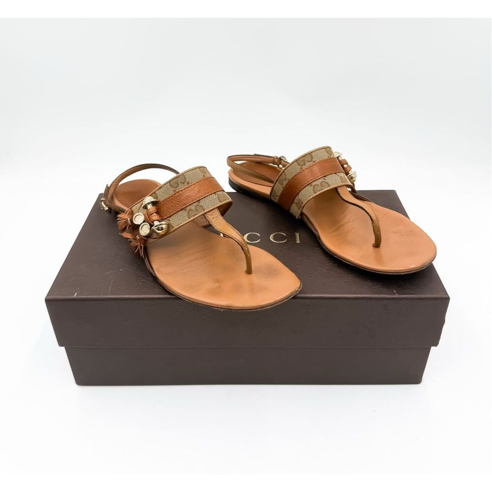 Gucci GG Canvas Leather Sandals Brown Horsebit T-Strap Flat